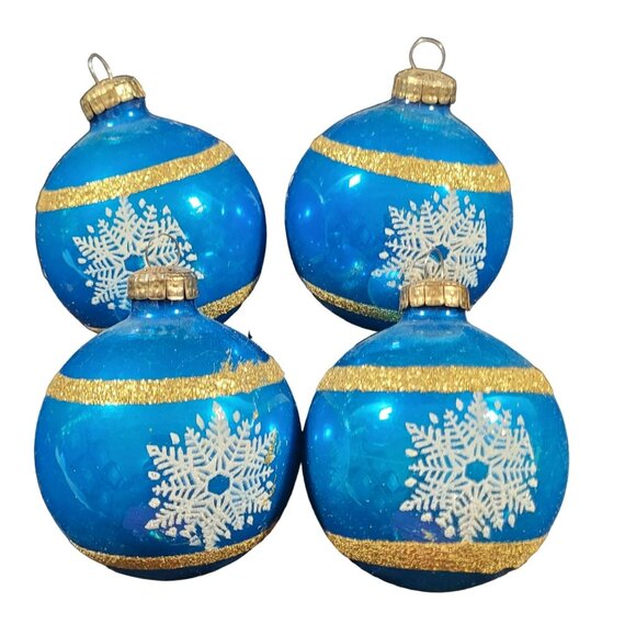 Set Of 4 Snowflake Design Christmas Tree Ball Ornaments Vtg‎ Gold Glitter - Picture 1 of 10